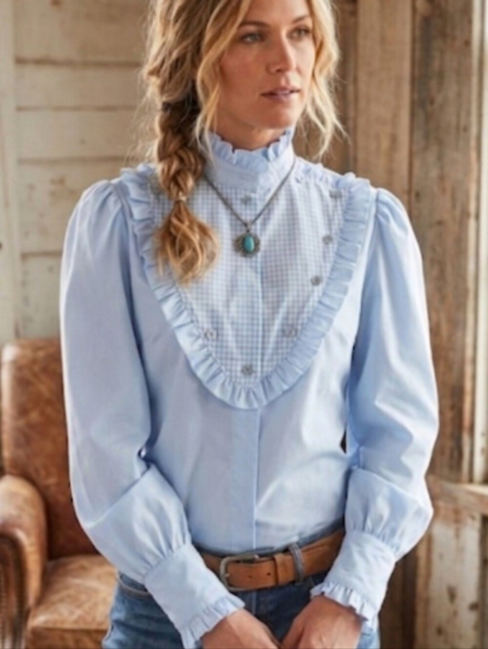 Vintage H Bar C Blue Long Sleeve Bib Shirt Size 12 Prarie Core Cottagecore